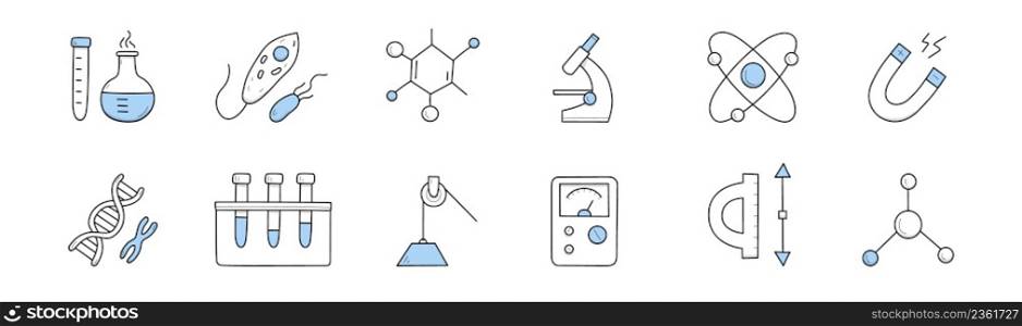 Icons of science, laboratory test, research in chemistry, biology, physics, medicine. Vector hand drawn symbols set of scientific lab equipment, microscope, chemical tubes, DNA molecule, atom. Science icons, research in chemistry and biology