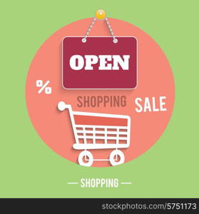 Icons of shopping concept with sign board, trolley, percent and sale text