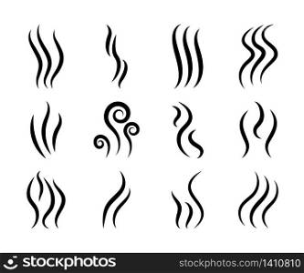 Icons of smoke. Chimney, steam, smell, aroma logos. Heat, fume, odor from grill and cooking. Odour of coffee. Perfume scent in air. Graphic swirls. Waves of emission smog, gas in line style. Vector.. Icons of smoke. Chimney, steam, smell, aroma logos. Heat, fume, odor from grill and cooking. Odour of coffee. Perfume scent in air. Graphic swirls. Waves of emission smog, gas in line style. Vector
