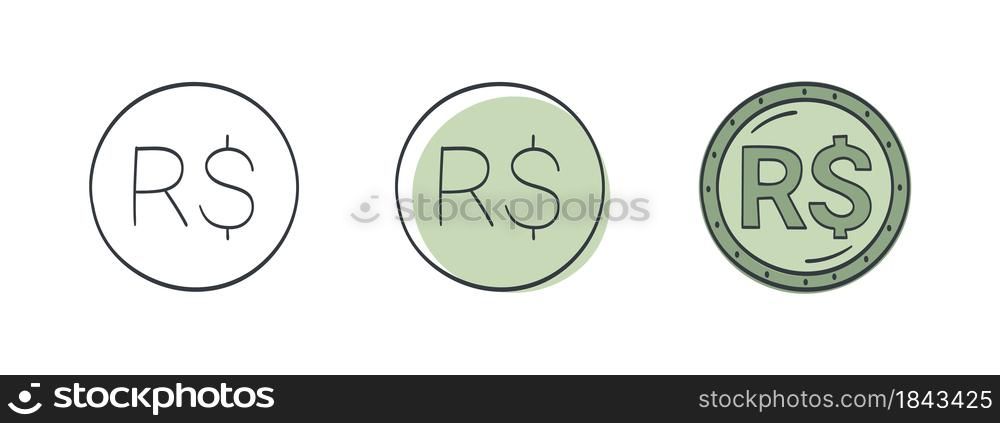 Icons of the Brazilian real. Painted symbol of the Real. Signs of the currencies of the world. Vector illustration