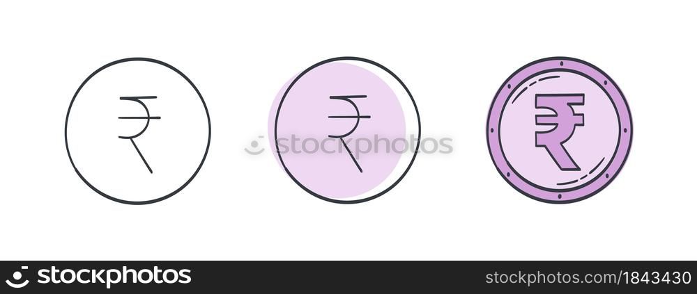 Icons of the Indian Rupee. Painted rupee symbol. Signs of the currencies of the world. Vector illustration