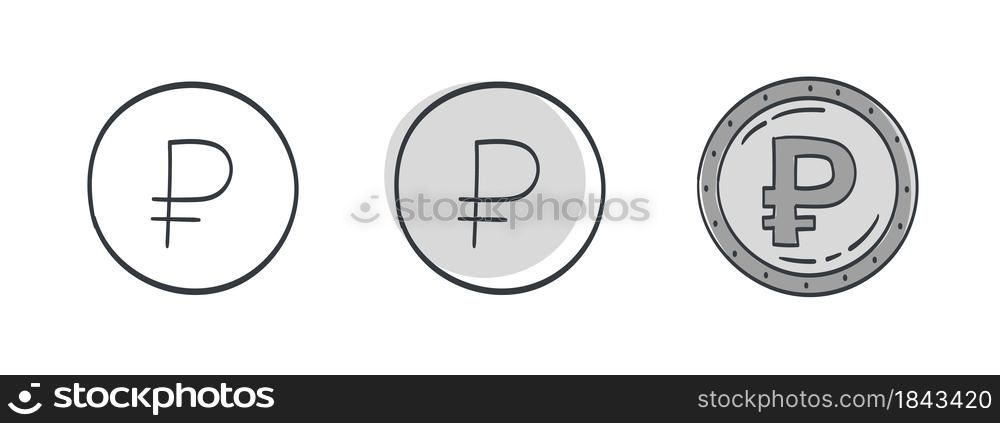 Icons of the Russian ruble. Painted symbol of the Russian ruble. Symbols of the currencies of the world. Vector illustration
