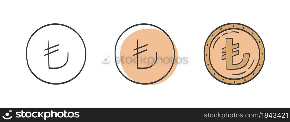Icons of Turkish Lira. Painted symbol of the Lira. Symbols of the currencies of the world. Vector illustration
