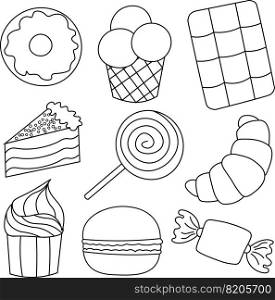 Icons on the theme of sweets in black and white