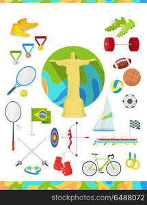 Icons Set Devoted to Summer Sport Games in Brazil. Set of icons devoted to summer sport games in Brazil. Gold medal event. Worldwide sport competition in Latin America. Brazilian championship. Rio de Janeiro. Sport equipment and flag. Vector