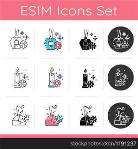 icons set. Flat design, linear, black and color styles. Isolated vector illustrations. Aromatherapy icons set. Floral scented sticks and candle. Blossom air freshener. Spa therapy. Female selfcare. Flat design, linear, black and color styles. Isolated vector illustrations