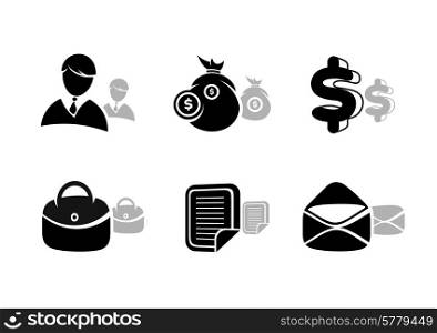 Icons set in black for business and finances. Silhouette with shadow of businessman, documents, money bag, briefcase