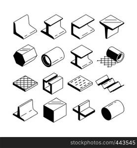Icons set in monochrome. Metallurgy production. Vector pictures of steel isolate on white. Steel construction production, material metal tube and profile illustration. Icons set in monochrome. Metallurgy production. Vector pictures of steel isolate on white