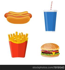 icons set lunch with Hamburger, Hot Dog, French Fries and Soda. Group of Fast Food products. Vector illustration in flat style. Group of Fast Food products