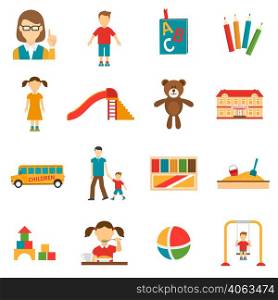 Icons set of different kindergarten objects and characters like toy or teacher flat isolated vector illustration. Kindergarten Icons Set