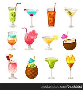 Icons set of different night club bar and tropic alcohol cocktails isolated vector illustration. Club Cocktails Icons Set