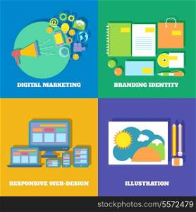 Icons set of digital marketing branding identity responsive web design vector illustration