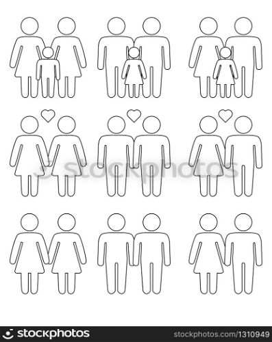 icons set of Gay, lesbian, hetero couples and family with children. Gay, lesbian couples and family with children icons set