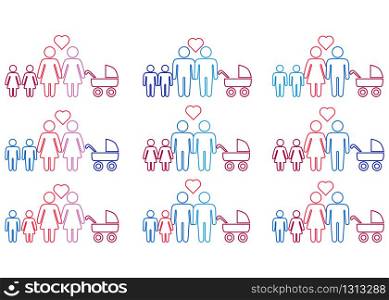 icons set of Gay, lesbian, hetero couples and family with children. Gay, lesbian couples and family with children icons set