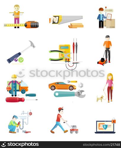 Icons set of hand saw set for wood. Man, person with toolbox and wrench in hands. Male worker showing folding ruler roulette. Plumbing work. Man moves with lawnmower. Electrical work.