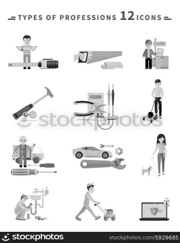Icons set of hand saw set for wood. Black icons. Man, person with toolbox and wrench in hands. Male worker showing folding ruler roulette. Plumbing work. Man moves with lawnmower. Electrical work