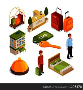 Icons set of hotel services. Isometric illustrations of reception tables. Lounge room. Vector hotel service reception. Icons set of hotel services. Isometric illustrations of reception tables