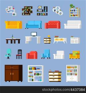 Icons Set Of Interior Elements. Icon set of different furniture elements for living room cabinet or hall orthogonal isolated vector illustration
