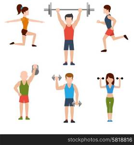 Icons set of man and woman doing warm-up and exercises with kettlebell, barbell and dumbbells on white background