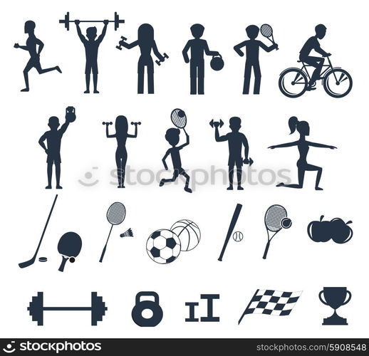 Icons set of man and woman doing warm-up and exercises with kettlebell, barbell and dumbbells. People jogging, practising yoga, playing basketball and tennis black icons on white background