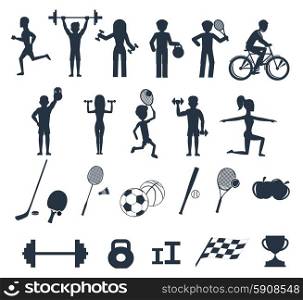 Icons set of man and woman doing warm-up and exercises with kettlebell, barbell and dumbbells. People jogging, practising yoga, playing basketball and tennis black icons on white background