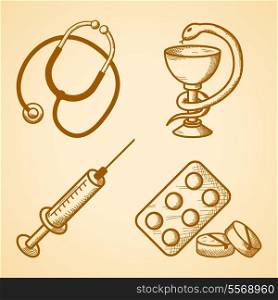 Icons set of medical items of phonendoscope pills and syringe isolated vector illustration