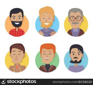 Icons Set of Men with Different Age, Hair Color. Set of icons of men with different color of hair and clothes isolated on white background. Men with beards and mustaches. Male of all ages avatars. Vector illustration in flat style design