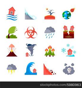 Icons Set Of Natural Disasters. Flat style colored icons set of different natural disasters and civilization negative effects isolated vector illustration
