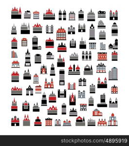 Icons set of real estate commercial, residential and industrial black isolated flat building, houses, home web button vector illustration