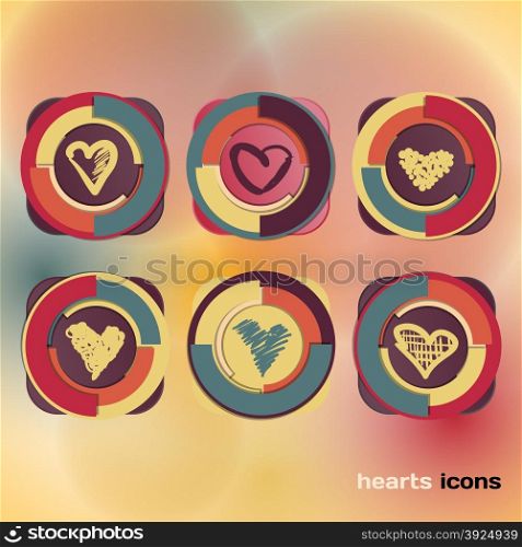 Icons set of sketch colored hearts
