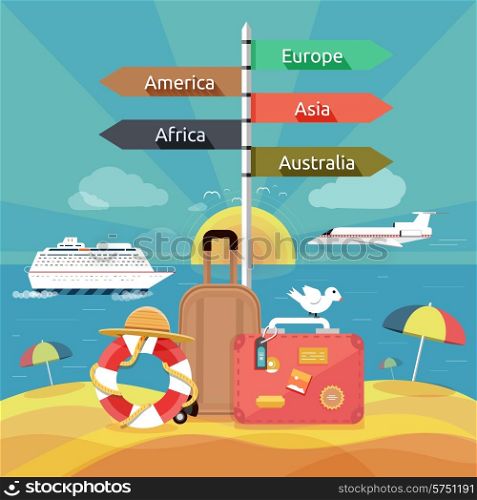 Icons set of traveling, planning a summer vacation, tourism and journey objects and passenger luggage in flat design. Different types of travel. Business travel concept