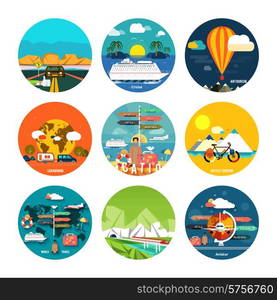 Icons set of traveling, planning a summer vacation, tourism and journey objects, hitchhiking and passenger luggage in flat design. Different types of travel. Business travel concept