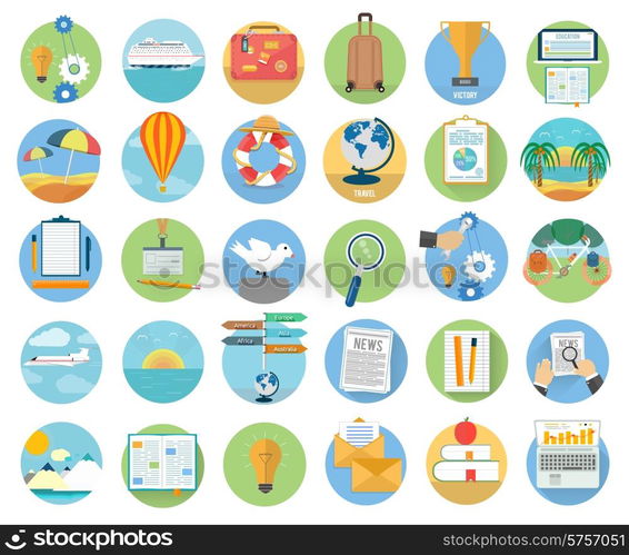 Icons set of traveling, planning a summer vacation, tourism and journey objects and passenger luggage in flat design. Different types of travel. Business travel concept