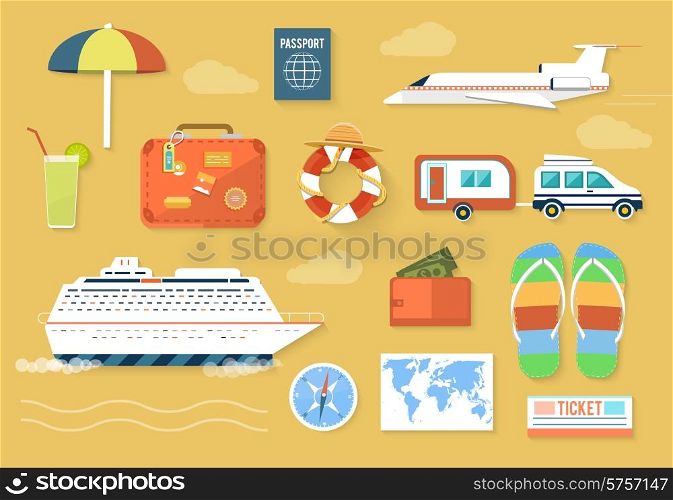 Icons set of traveling, planning a summer vacation, tourism and journey objects and passenger luggage in flat design. Different types of travel. Business world travel concept