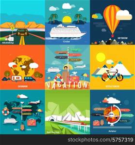 Icons set of traveling, planning a summer vacation, tourism and journey objects, hitchhiking and passenger luggage in flat design. Different types of travel. Business travel concept