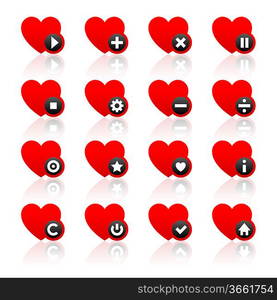 Icons set - red hearts and black buttons