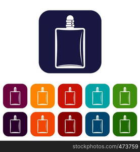 icons set vector illustration in flat style In colors red, blue, green and other. Bottle of female perfume icons set flat