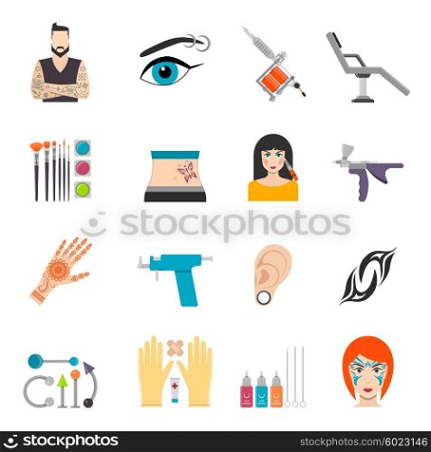 Icons set with bodyart tattoo piercing and special equipment. Icons set with bodyart tattoo piercing and special equipments for man and woman vector illustration