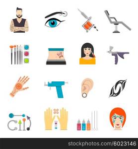 Icons set with bodyart tattoo piercing and special equipment. Icons set with bodyart tattoo piercing and special equipments for man and woman vector illustration