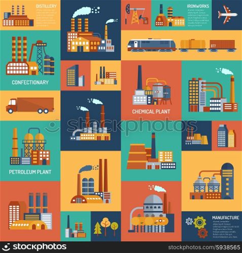 Icons Set With Different Types Of Industrial Enterprises. Flat color icons set with different types of industrial enterprises and transport modes vector illustration.