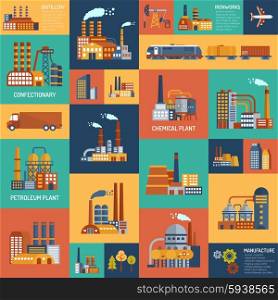 Icons Set With Different Types Of Industrial Enterprises. Flat color icons set with different types of industrial enterprises and transport modes vector illustration.