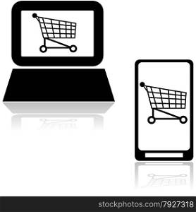 Icons showing a shopping cart inside a computer and mobile phone