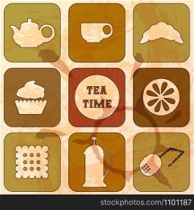 Icons Tea Time. Set of 9 icons. Grunge background. Old paper. Icons Tea Time. Set of 9 icons. Grunge background
