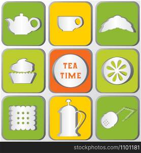 Icons Tea Time. Set of 9 icons. shadows effect. Paper figures.. Icons Tea Time. Set of 9 icons. shadows effect