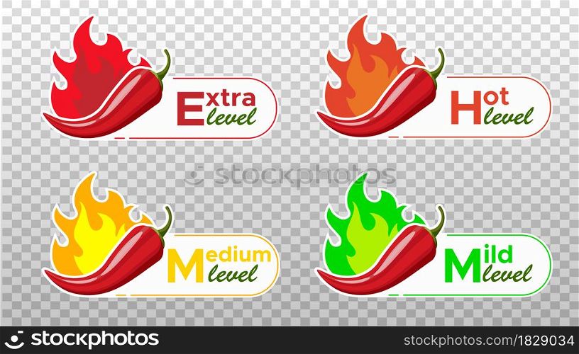 Icons with Chili Pepper Spice Levels. Hot pepper sign with fire flame for packing spicy food. Mild, medium and extra hot pepper sauce stickers. Vector illustration. Icons with Chili Pepper Spice Levels. Hot pepper sign with fire flame for packing spicy food. Mild, medium and extra hot pepper sauce stickers. Vector illustration.