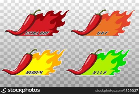 Icons with Chili Pepper Spice Levels. Hot pepper sign with fire flame for packing spicy food. Mild, medium and extra hot pepper sauce stickers. Vector illustration. Icons with Chili Pepper Spice Levels. Hot pepper sign with fire flame for packing spicy food. Mild, medium and extra hot pepper sauce stickers. Vector illustration.