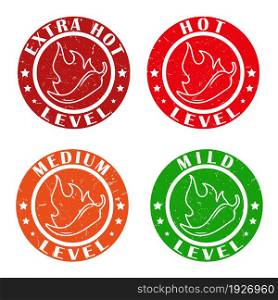 Icons with Chili Pepper Spice Levels. Hot pepper stamps with fire flame for packing spicy food. Mild, medium and extra hot pepper sauce stickers. Vector illustration