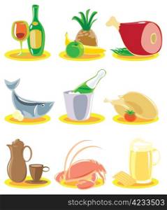 Icons with dishes for restaurant menu. Vector illustration.