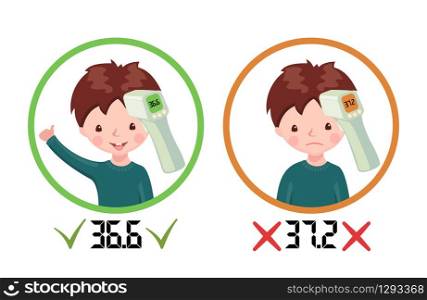 Icons with healthy boy and sick boy with contactless infrared thermometer wich shows temperature isolated on white background. Illustration in cartoon style. Flu epidemic concept. Vector illustration.. Icons with healthy boy and sick boy with contactless infrared thermometer wich shows temperature isolated on white.