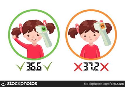 Icons with healthy girl and sick girl with contactless infrared thermometer wich shows temperature isolated on white background. Illustration in cartoon style.Flu epidemic concept.Vector illustration.. Icons with healthy girl and sick girl with contactless infrared thermometer wich shows temperature isolated on white.